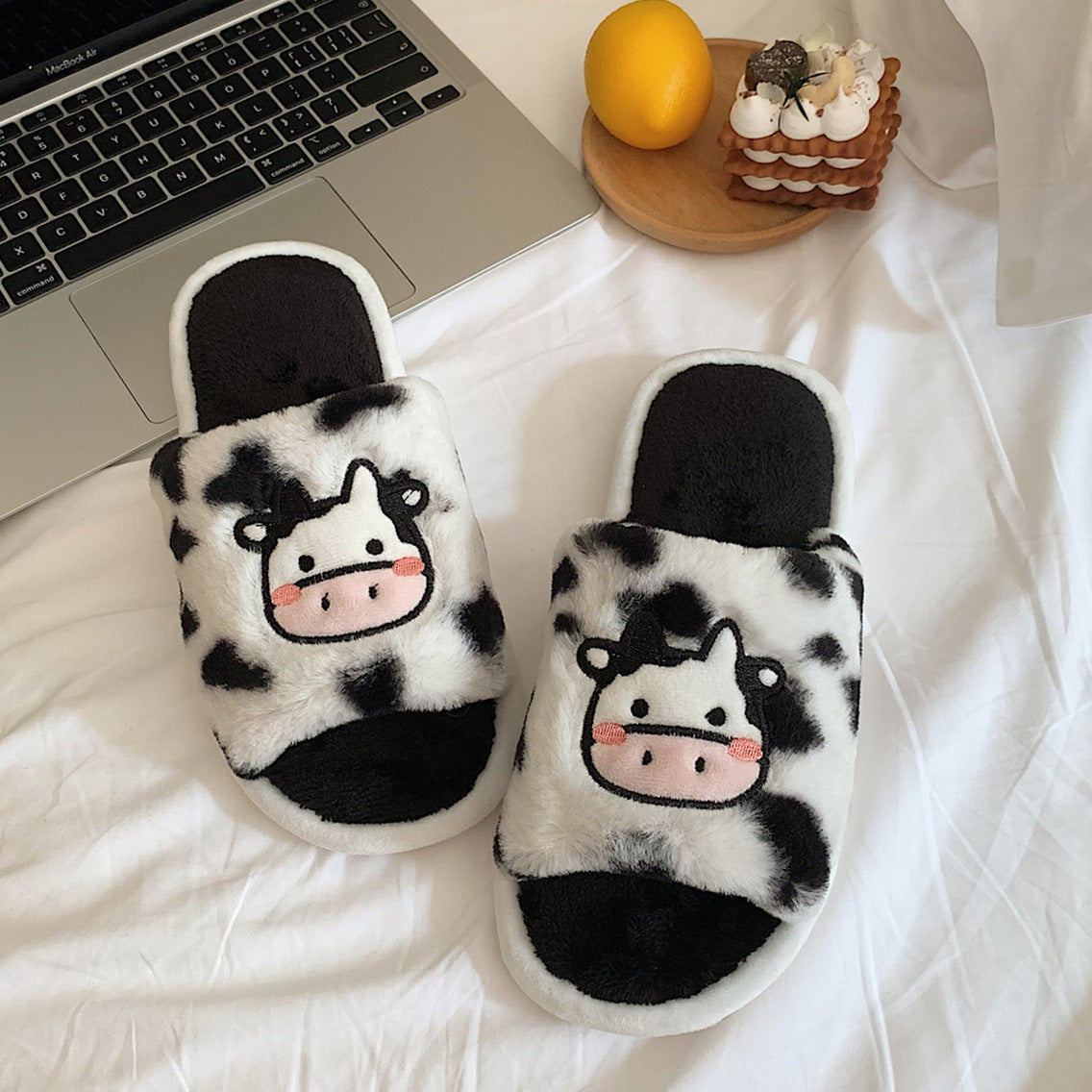 Cute Cartoon Student Plush Cow Cotton Slippers