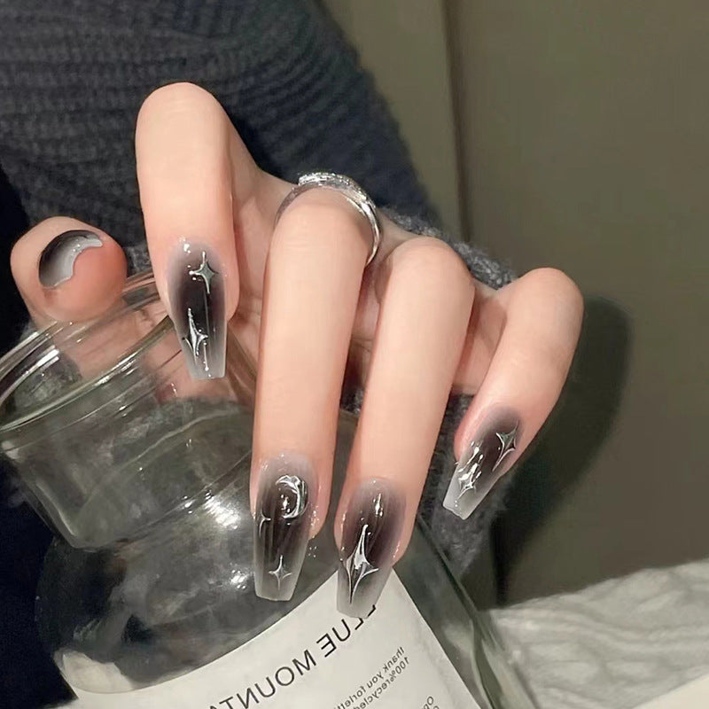 Dark Spice Girls Ins Wind Blush Nail Silver Moon Star Manicure Fake Nails Mid-length Ballet Nail