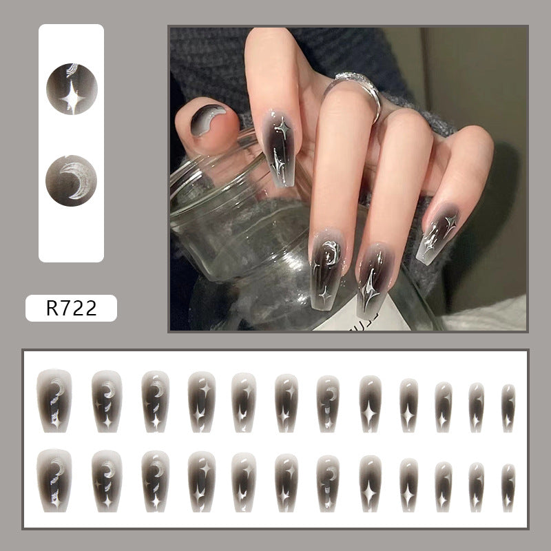 Dark Spice Girls Ins Wind Blush Nail Silver Moon Star Manicure Fake Nails Mid-length Ballet Nail